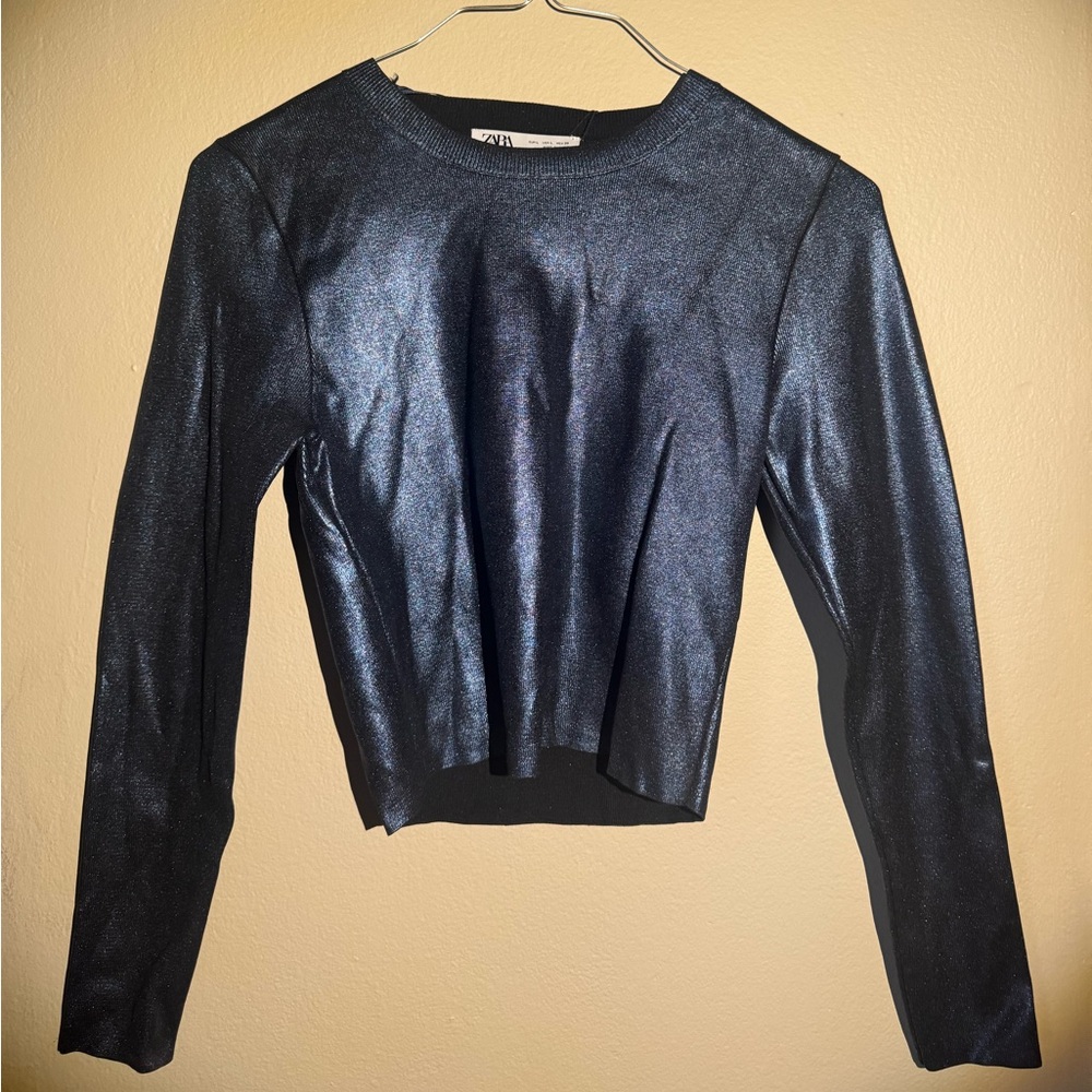 Zara Navy Fitted Pleated Long Sleeve Crop Top